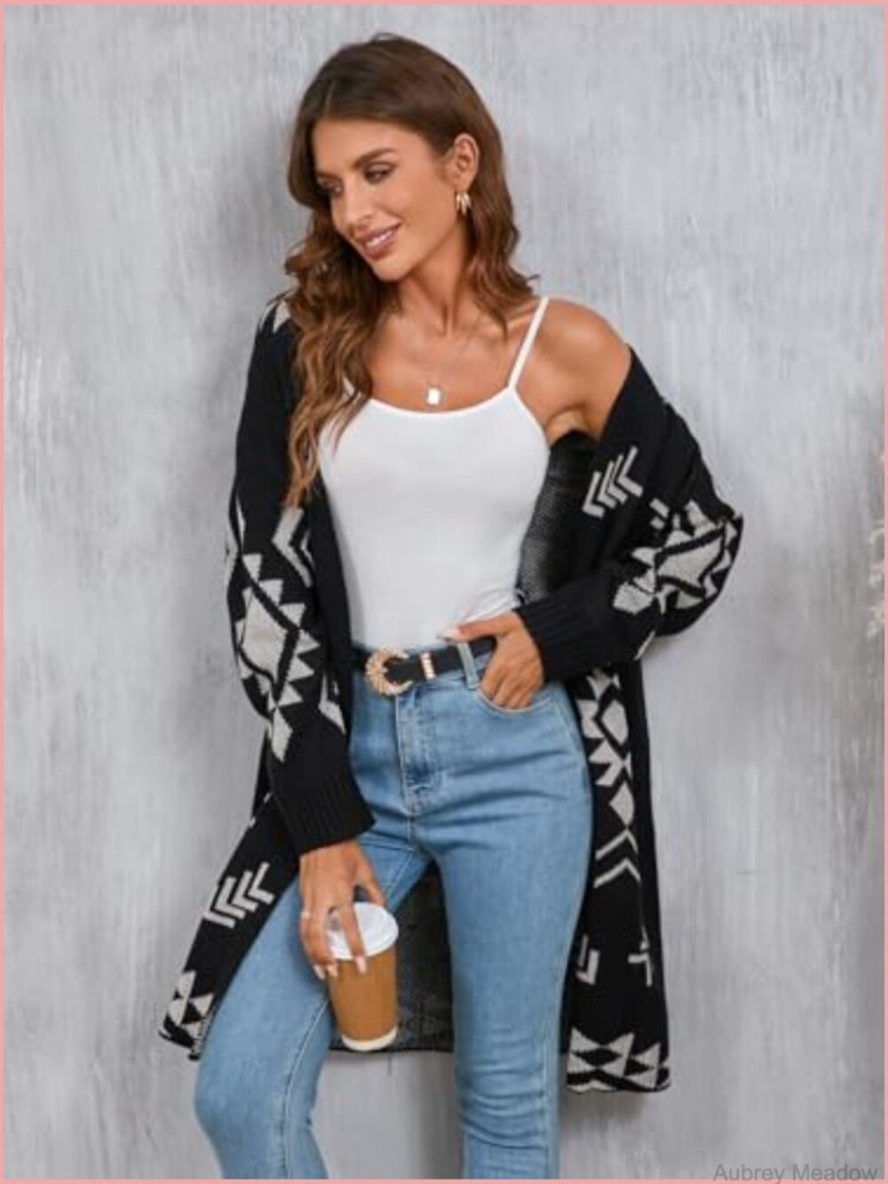 Womens Oversized Long Cardigan Open Front Fall Trendy Geometric Jacquard Knit - Picture 6 of 7